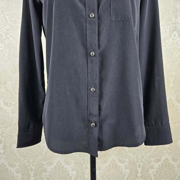 Mango Size XS Black Button Down Shirt Long Sleeve Chest Pocket Rounded Hem - Picture 4 of 10